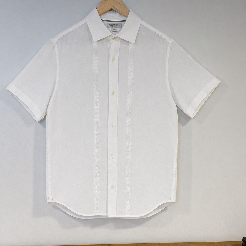 BANANA REPUBLIC Sz L Men’s Guayabera Poplin Linen Resort Shirt Embroidered Sprin